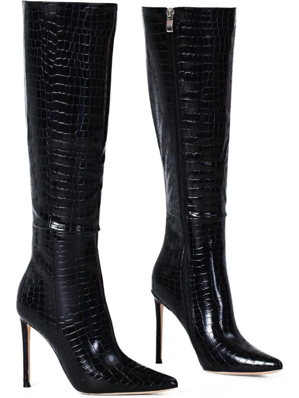 Women's 4 inch Knee High Long Boots Stiletto Pointed Toe Heeled Boot Black Grain - Picture 4 of 4